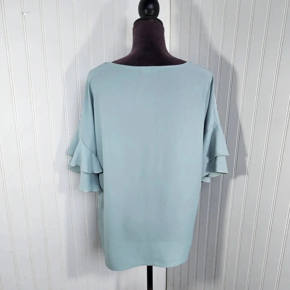 Les Amis Womens Pullover Blouse Aqua Blue Flutter Ruffle Short Sleeve Sz L - Picture 5 of 10